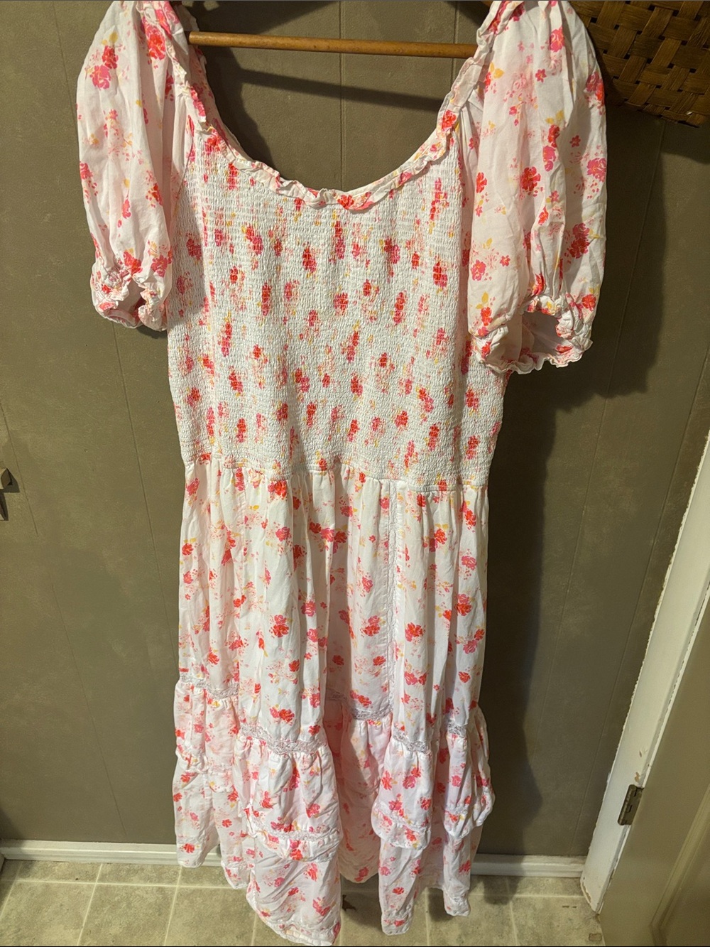LoveShackFancy White Maxi Dress with Pink Floral Print